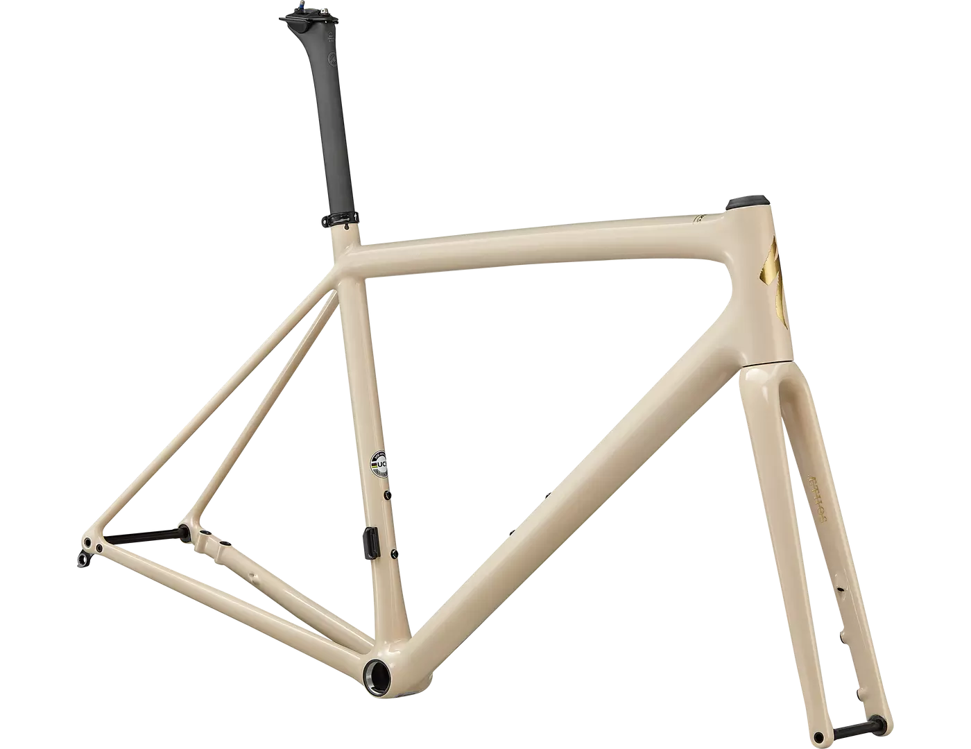 Fahrradrahmen Specialized Aethos, cremefarben, aerodynamisches Design, geeignet für sportliche Radfahrer.