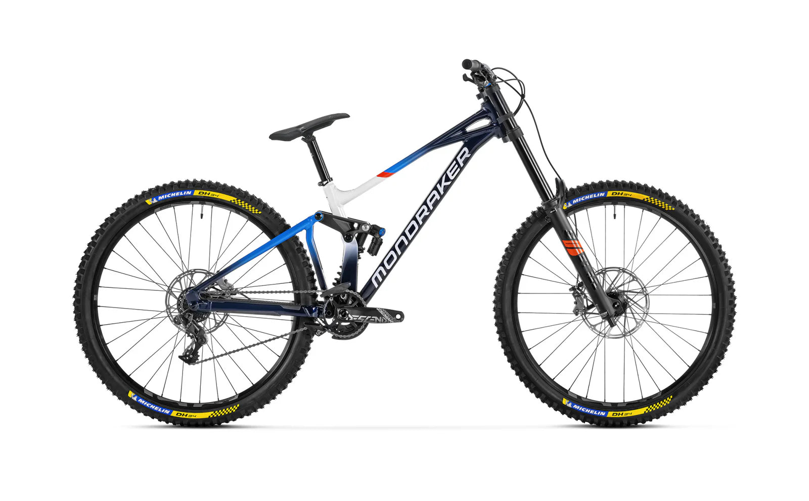 Mondraker Downhill-Fahrrad in Blau-Weiß mit Michelin DH Reifen, geeignet für Offroad-Abfahrten und Mountainbiker.