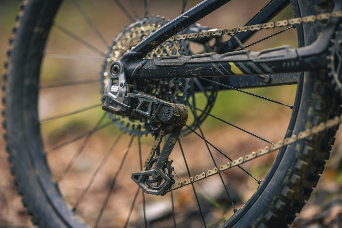 Nahaufnahme eines schmutzbedeckten Mountainbike-Hinterrads mit Shimano-Schaltung.