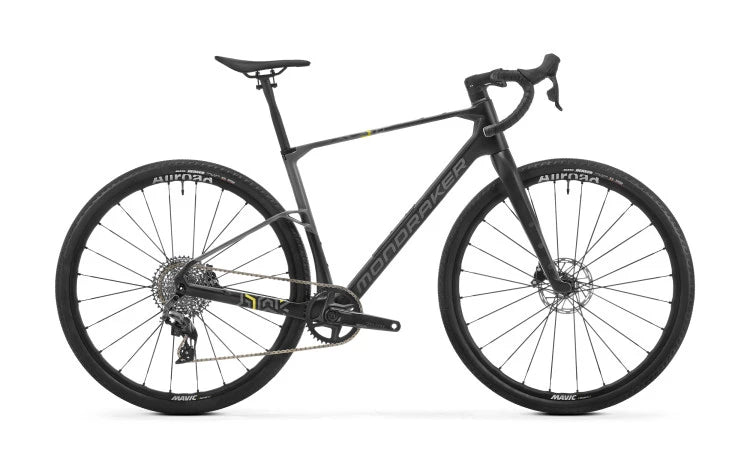 Schwarzes Mondraker Arid Gravelbike mit Scheibenbremsen, Rennlenker und robusten Reifen für Offroad-Abenteuer.