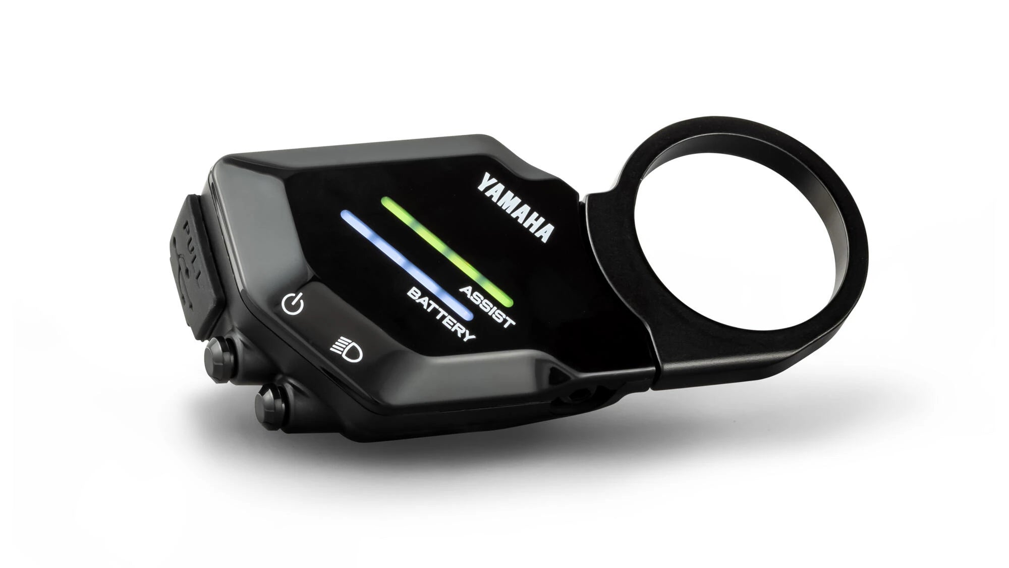 Yamaha E-Bike-Display mit LED-Anzeigen für Assistenz- und Batteriestatus, geeignet für E-Bike-Lenker.