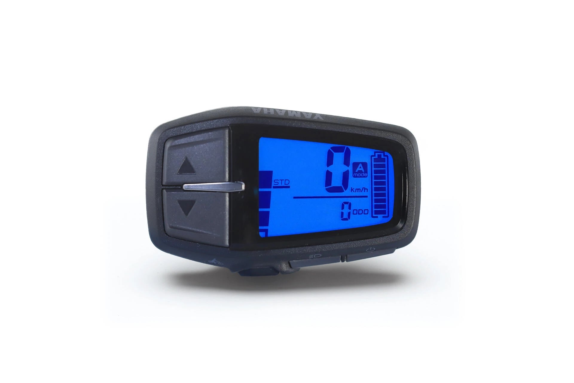 Yamaha E-Bike Display mit blauem Bildschirm, Geschwindigkeitsanzeige und Bedientasten links.