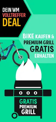 Werbung: Kauf ein Bike und erhalte einen Premium-Grill gratis. Darstellung von Fahrrad und Grill auf grünem Hintergrund.