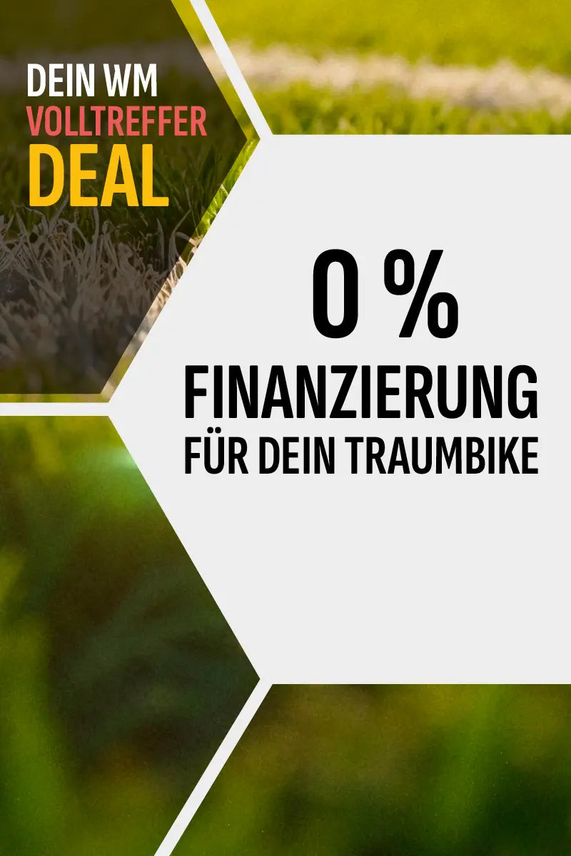 Werbung für 0 % Finanzierung von Traumfahrrädern mit WM-Volltreffer-Deals auf grünem Hintergrund.