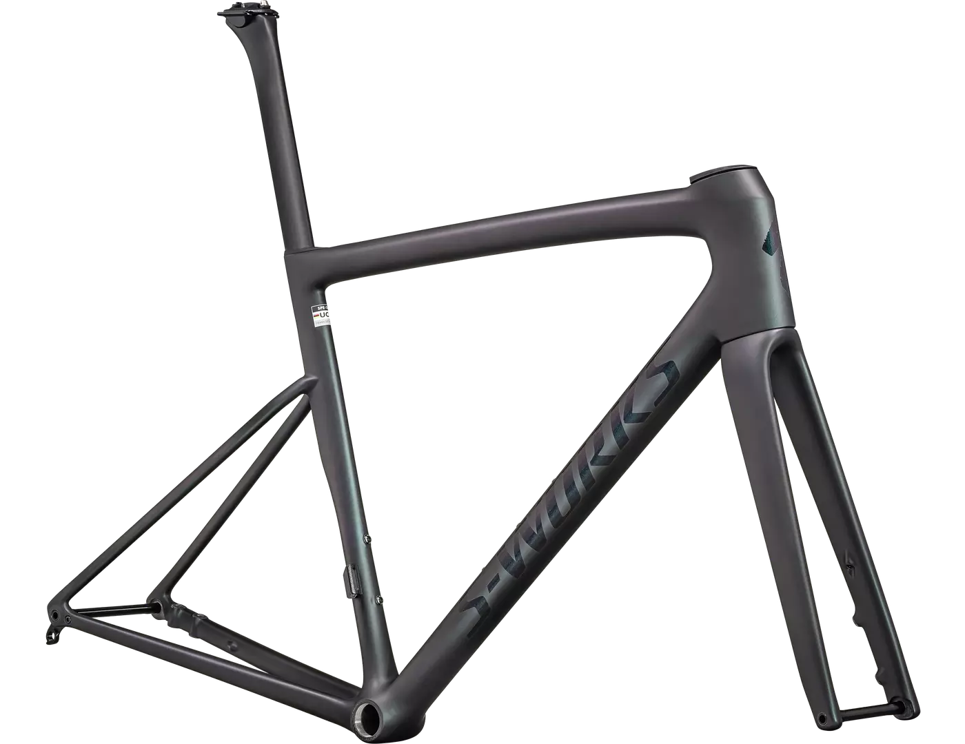 Rahmen eines Specialized S-Works Tarmac Rennrads in Schwarz, ideal für ambitionierte Radfahrer.