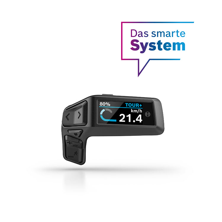 Bosch E-Bike Display mit Geschwindigkeits- und Akkustandsanzeige, Bedientasten und "Das smarte System"-Grafik.