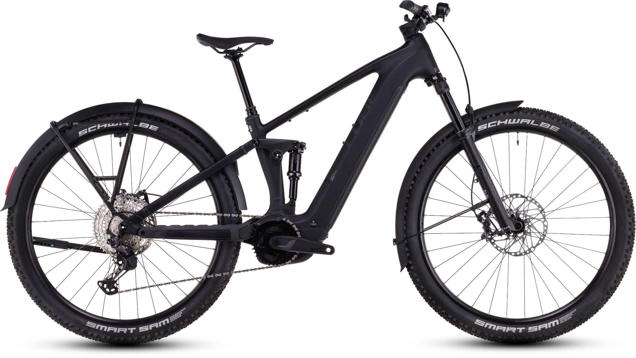 Cube Stereo Hybrid One22 E-Mountainbike, schwarz, mit Schwalbe-Reifen und vollgefedertem Rahmen für Offroad-Abenteuer.