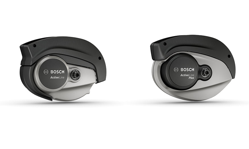 Zwei Bosch Active Line E-Bike-Motoren, links "Active Line", rechts "Active Line Plus", in Schwarz und Grau.
