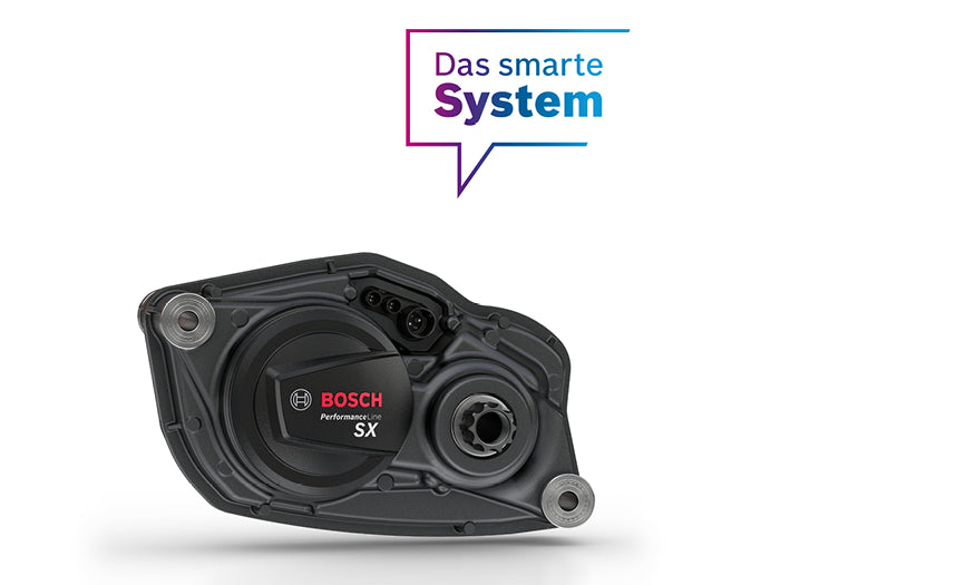 Bosch Performance Line SX E-Bike-Motor vor weißem Hintergrund mit Schriftzug "Das smarte System".
