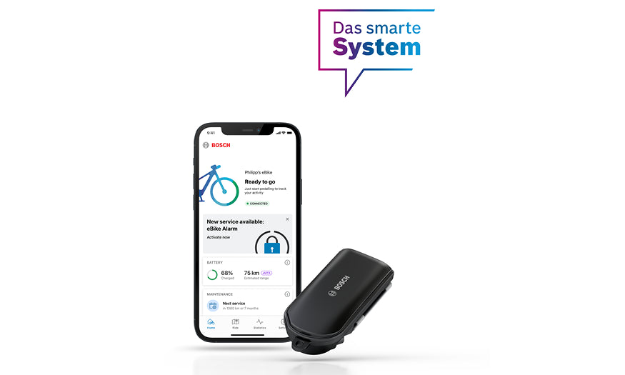 Smartphone mit Bosch eBike-App und Bosch-Modul. Text "Das smarte System". Für eBike-Nutzer zur Verwaltung und Überwachung.