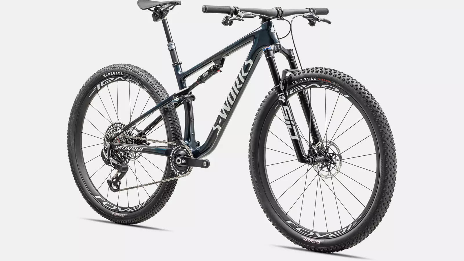 Mountainbike S-Works von Specialized, Modell Epic. Schwarz mit Carbonrahmen, geländetauglich für Cross-Country-Fahrer designed.