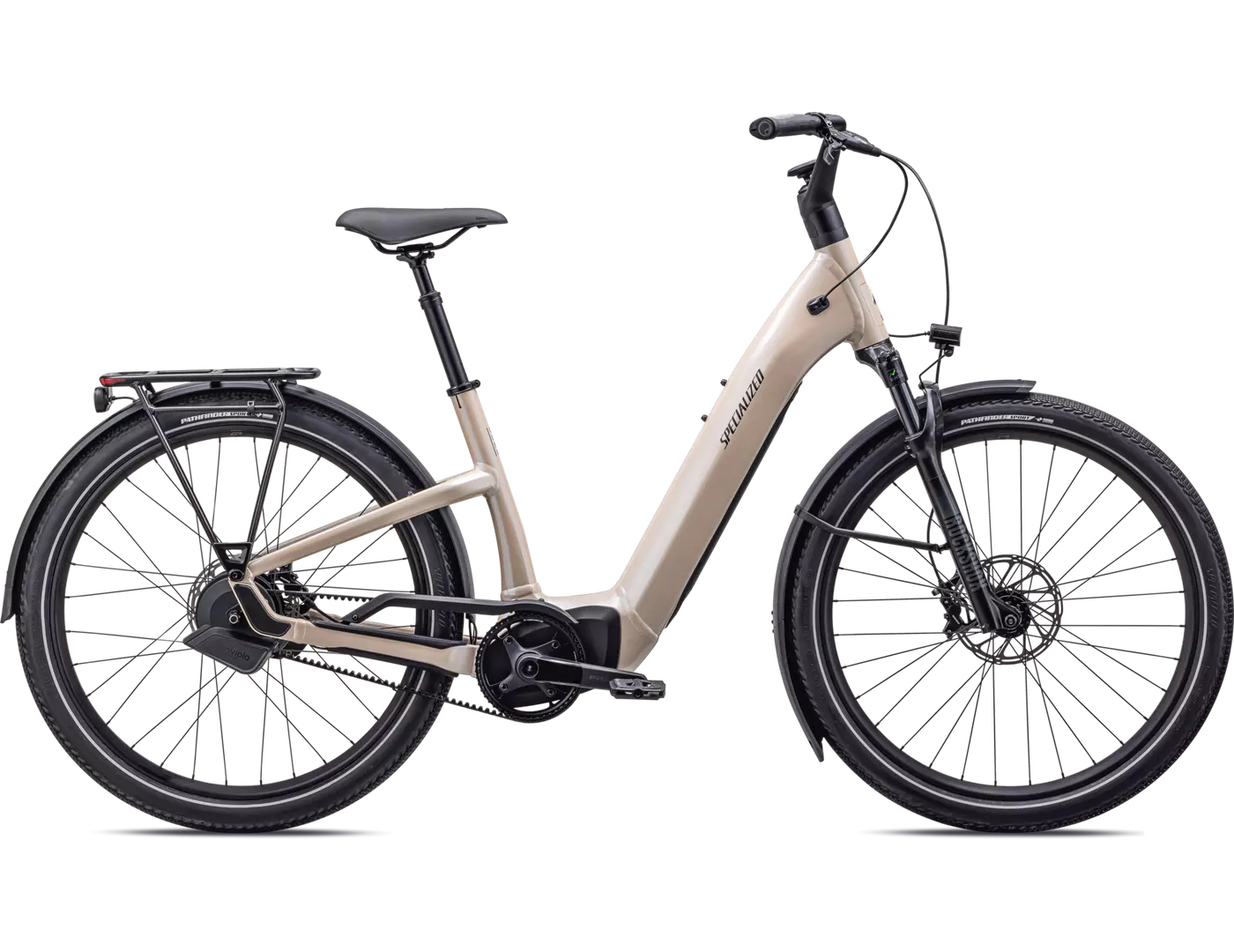 Helles Specialized Turbo Como E-Bike mit tieferem Einstieg, ideal für städtische Pendler.