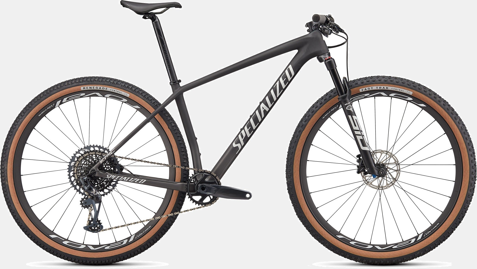 Schwarzes Specialized Epic Hardtail Mountainbike mit braunen Reifen für Offroad- und Rennsport-Einsatz.