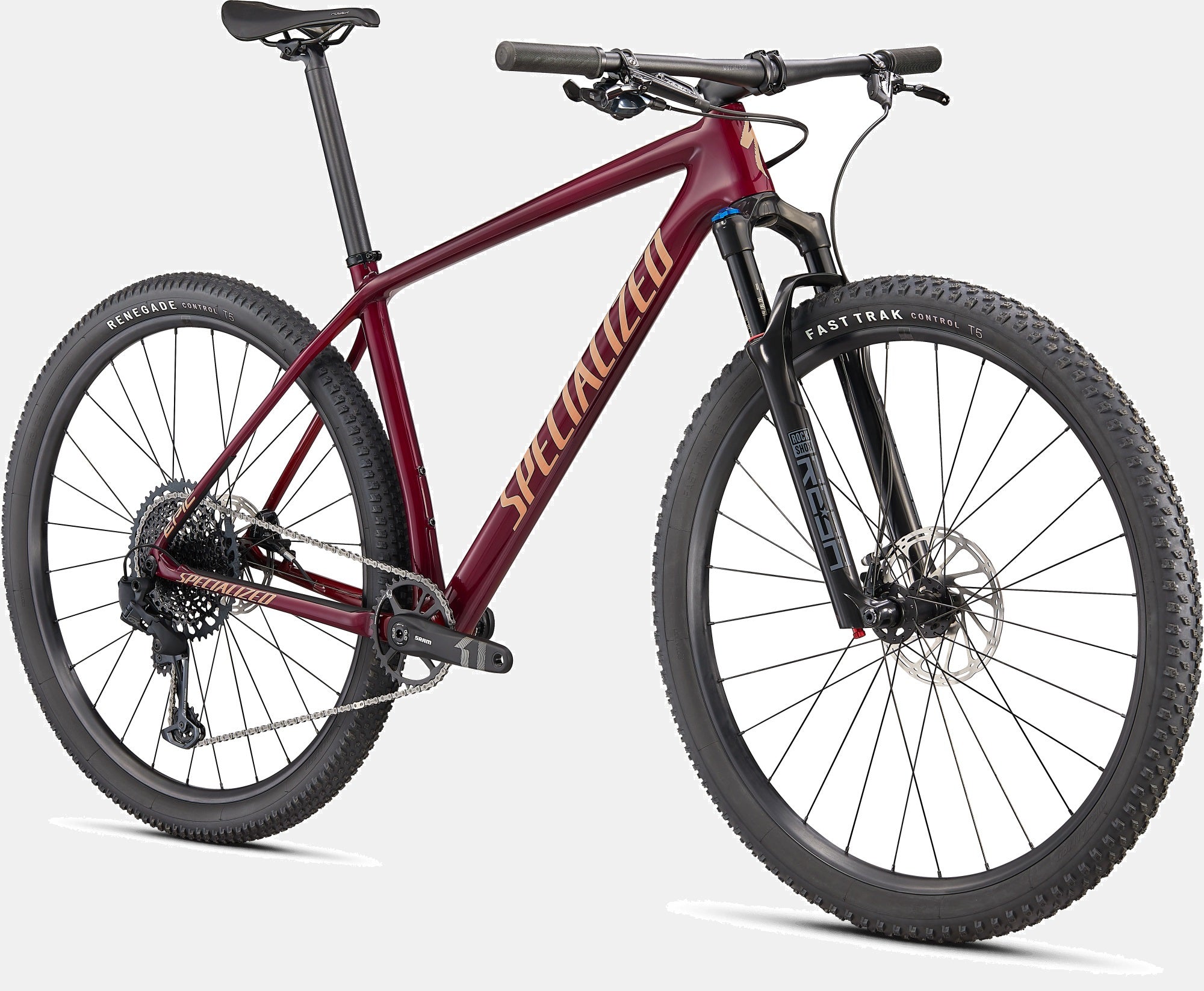 Mountainbike Specialized Epic Hardtail in Rot, geeignet für Geländefahrten, mit Scheibenbremsen und breiten Reifen.