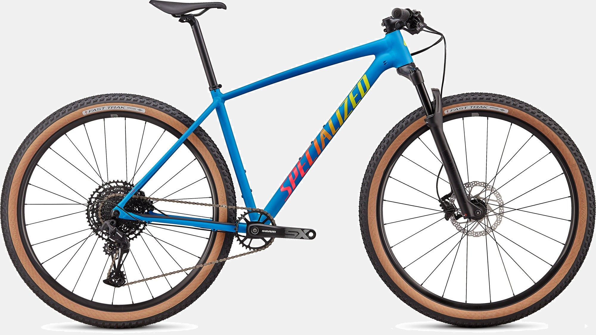Blaues Specialized Chisel Mountainbike mit schwarzem Sattel, Carbonrahmen und breiten Reifen, ideal für Offroad-Touren.