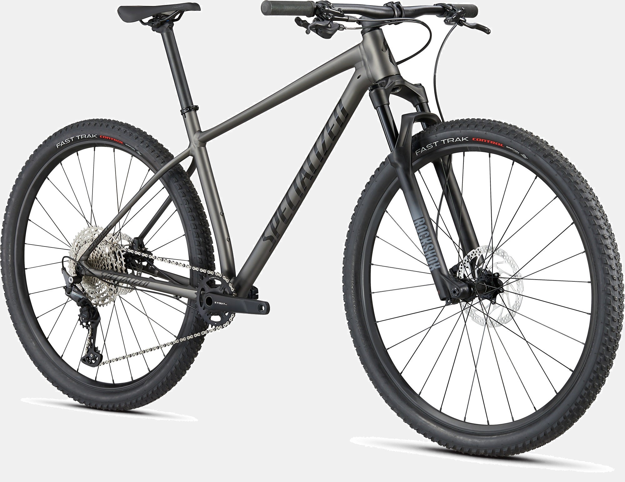 Mountainbike Specialized Chisel, grau, mit Shimano Komponenten und RockShox Gabel, für Offroad-Einsätze geeignet.