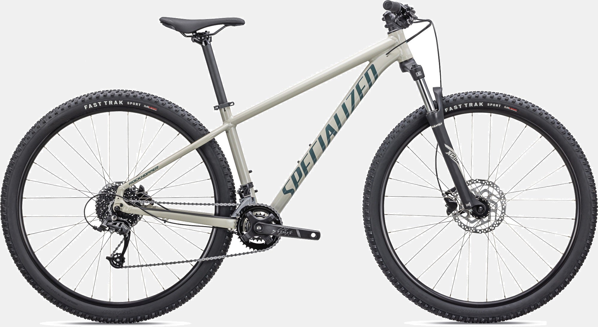 Mountainbike Specialized Rockhopper, hellgrau, robuste Bauweise, geeignet für Offroad-Trails und Freizeitfahrer.