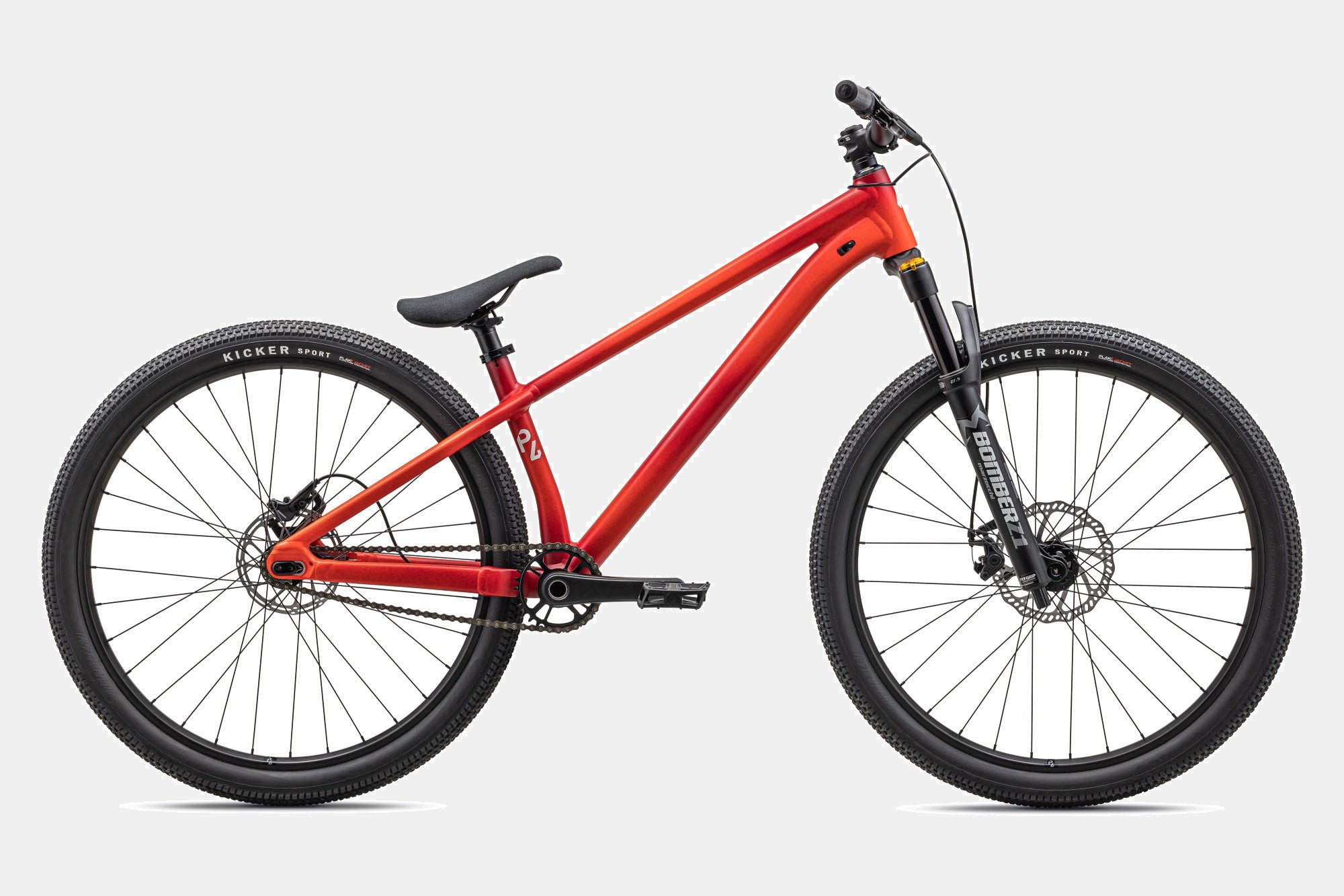 Rotes Specialized P.Series Fahrrad, ideal für BMX oder Dirt Jumping. Robuster Rahmen, Federgabel, Scheibenbremsen.