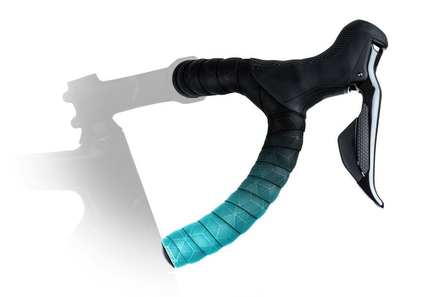 Fahrrad-Cockpit mit schwarzem und türkisfarbenem Griffband und Bremshebel, geeignet für Rennräder, Modell nicht ersichtlich.