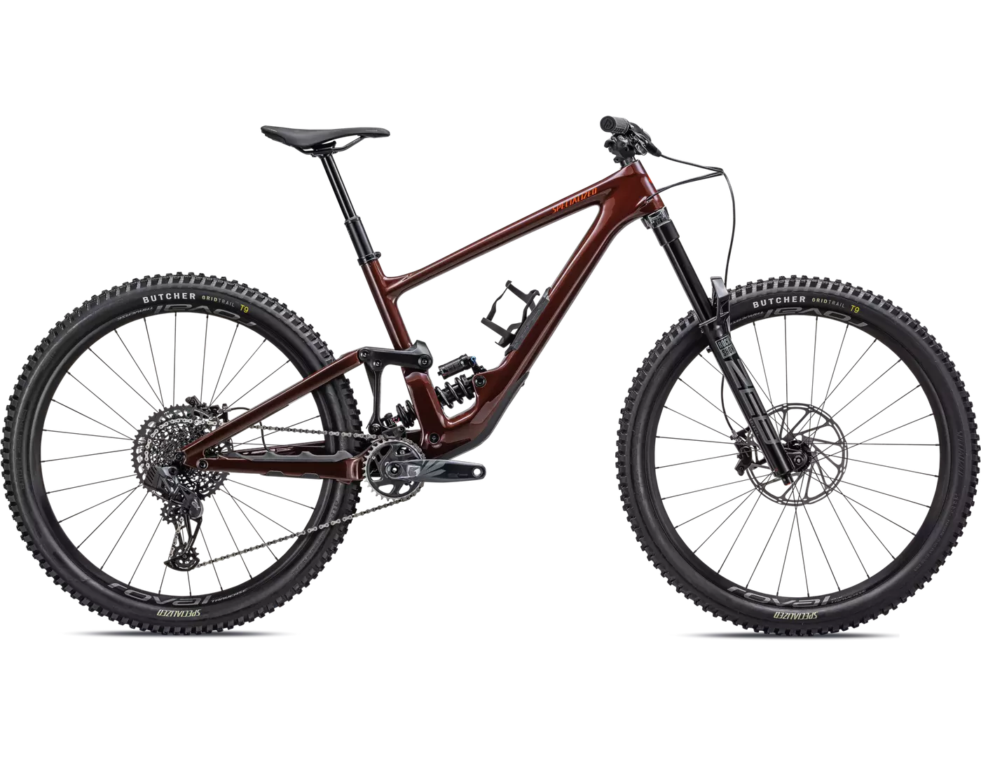 Mountainbike Specialized Enduro in dunkler Farbe; robustes Design für anspruchsvolles Gelände; geeignet für Offroad-Enthusiasten.