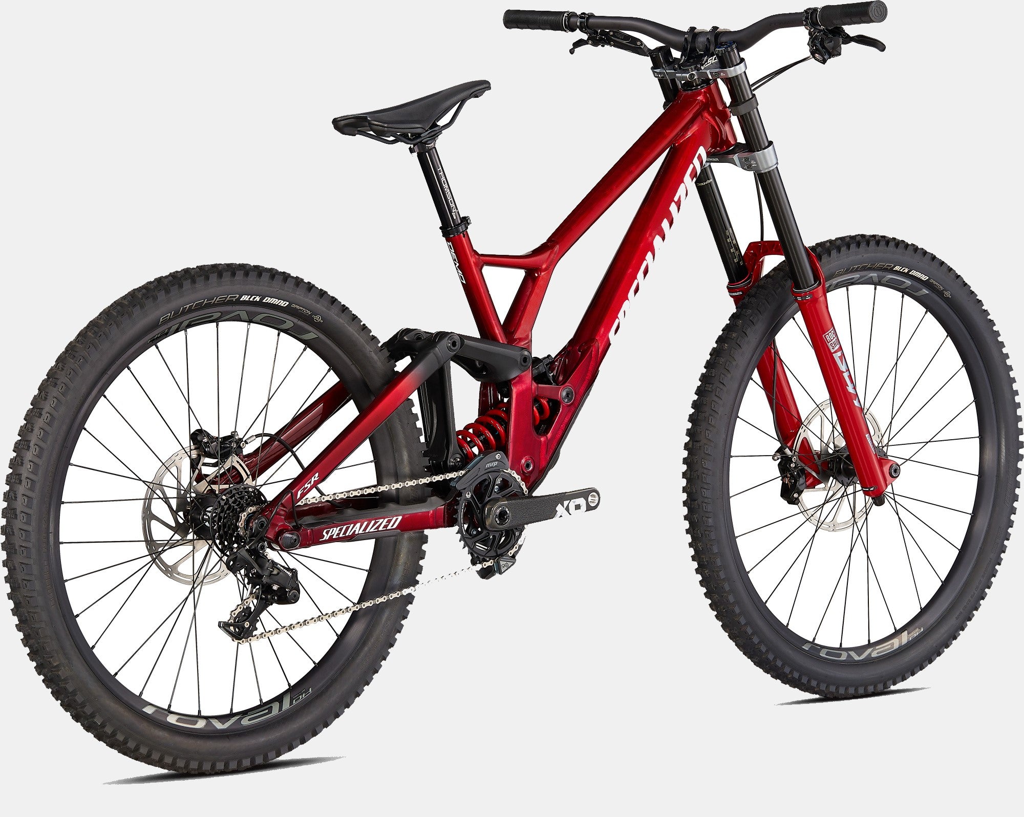 Rotes Specialized Demo Mountainbike, vollgefedert, ideal für Downhill-Fahrten. Robust und leistungsstark im Design.