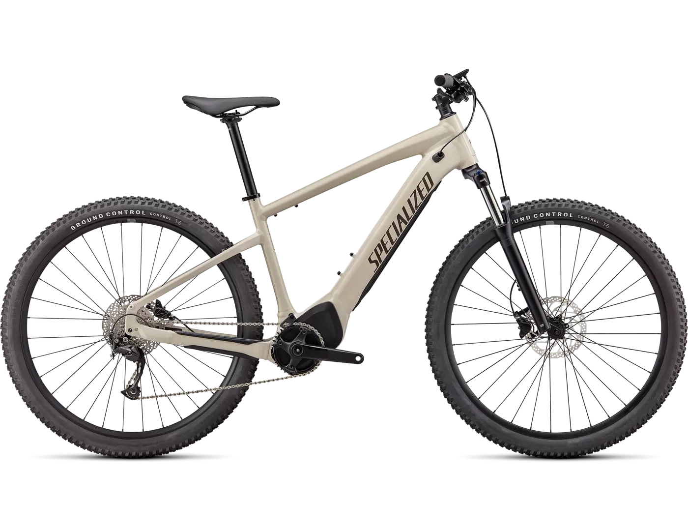 Specialized Turbo Tero E-Mountainbike in Beige, robustes Design, geeignet für Offroad-Abenteuer und sportliche Fahrer.