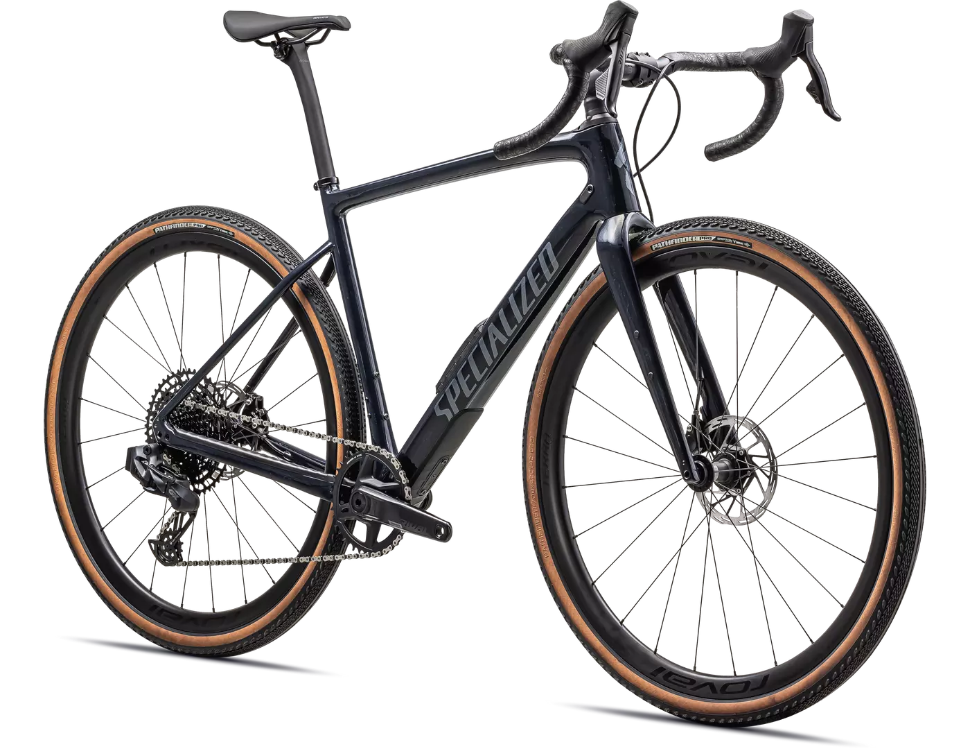 Specialized Diverge Fahrrad, Gravelbike mit schwarzem Rahmen und breiten Reifen für vielseitiges Gelände.