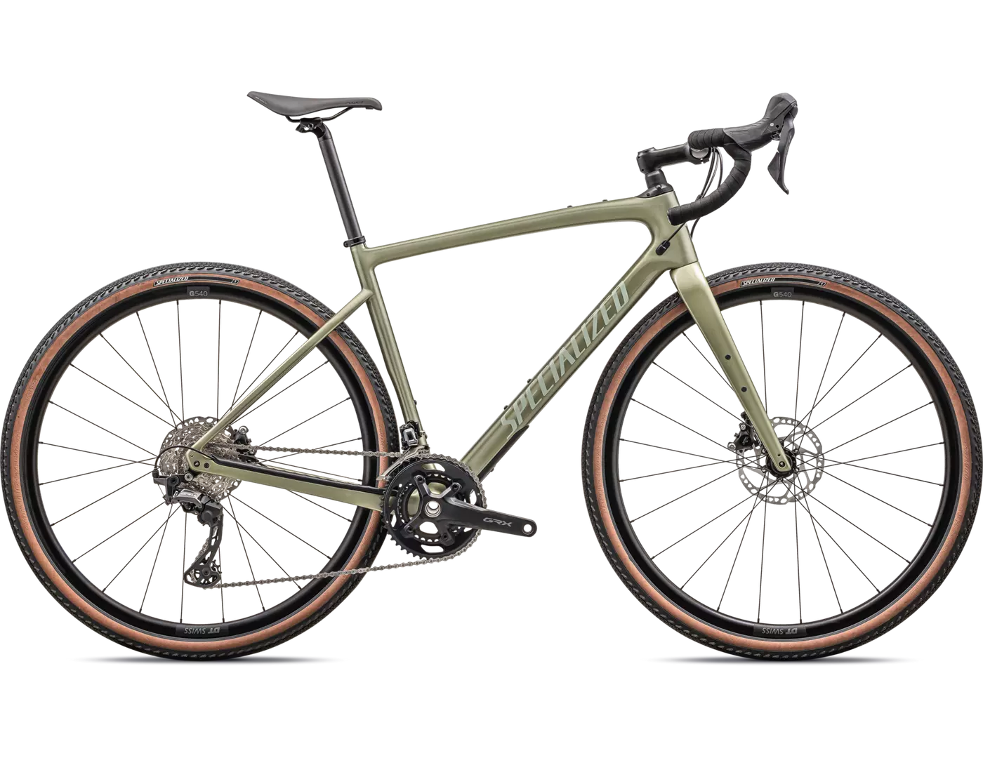 Grünes Specialized Diverge Gravelbike mit Scheibenbremsen und profilierten Reifen für Offroad-Touren.