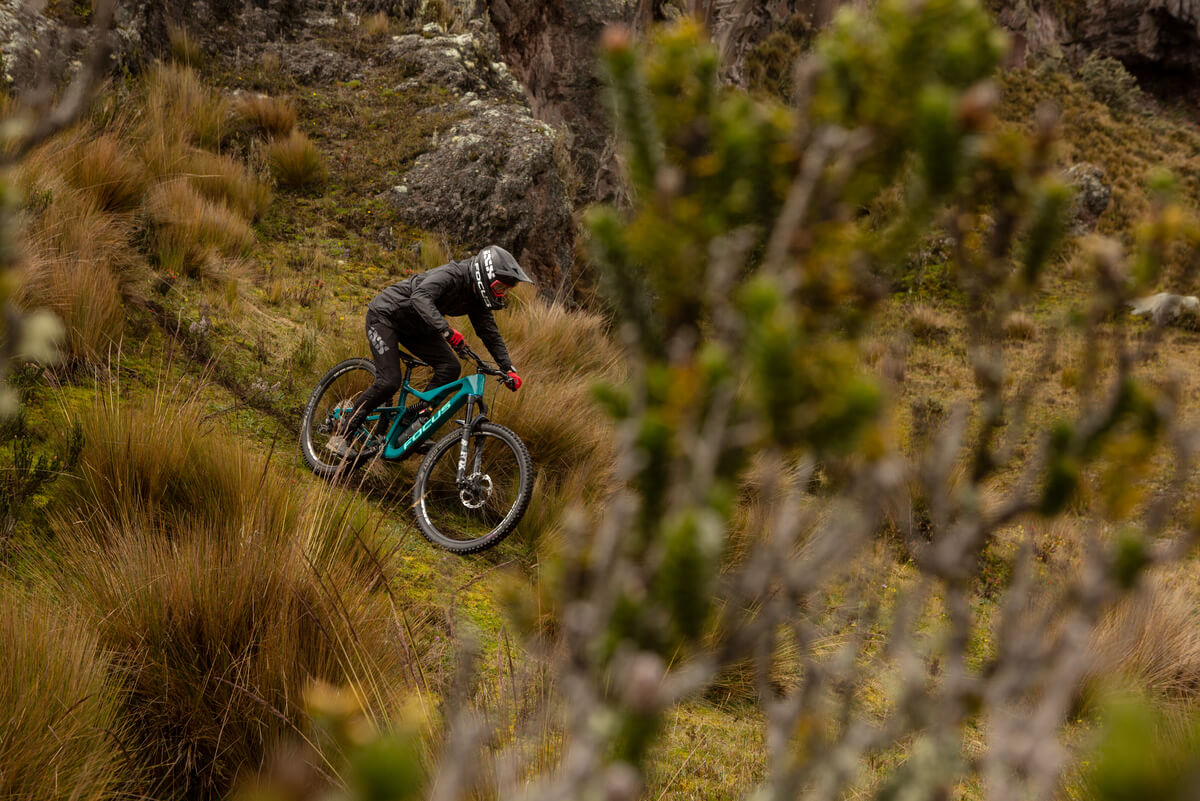 Mountainbiker mit Focus-Mountainbike auf grasbewachsenem Hang, geeignet für Offroad-Abenteuer und Outdoor-Enthusiasten.