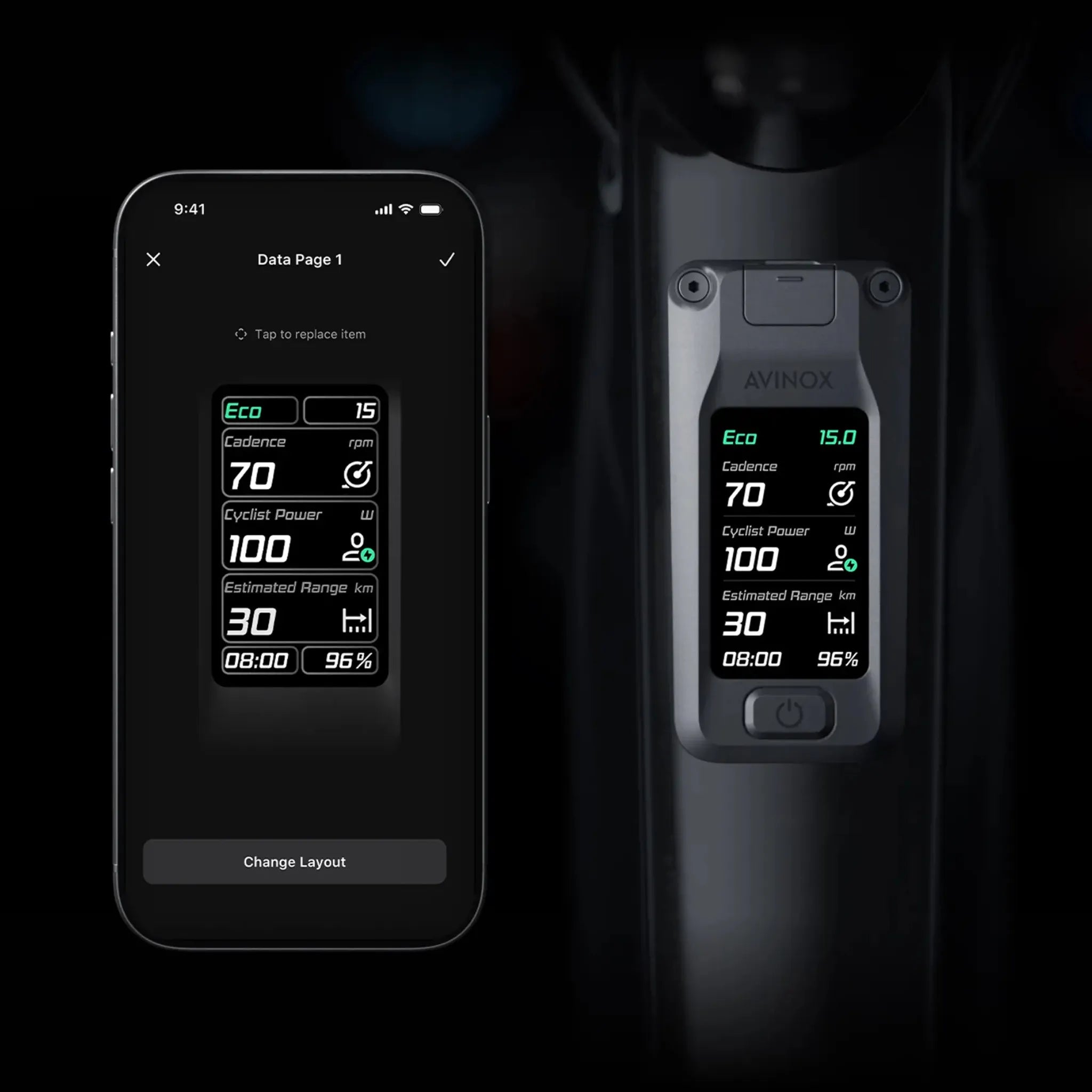 Digitaler Fahrrad-Computer "AVINOX" mit Smartphone App, zeigt Daten wie Trittfrequenz, Leistung und Reichweite.