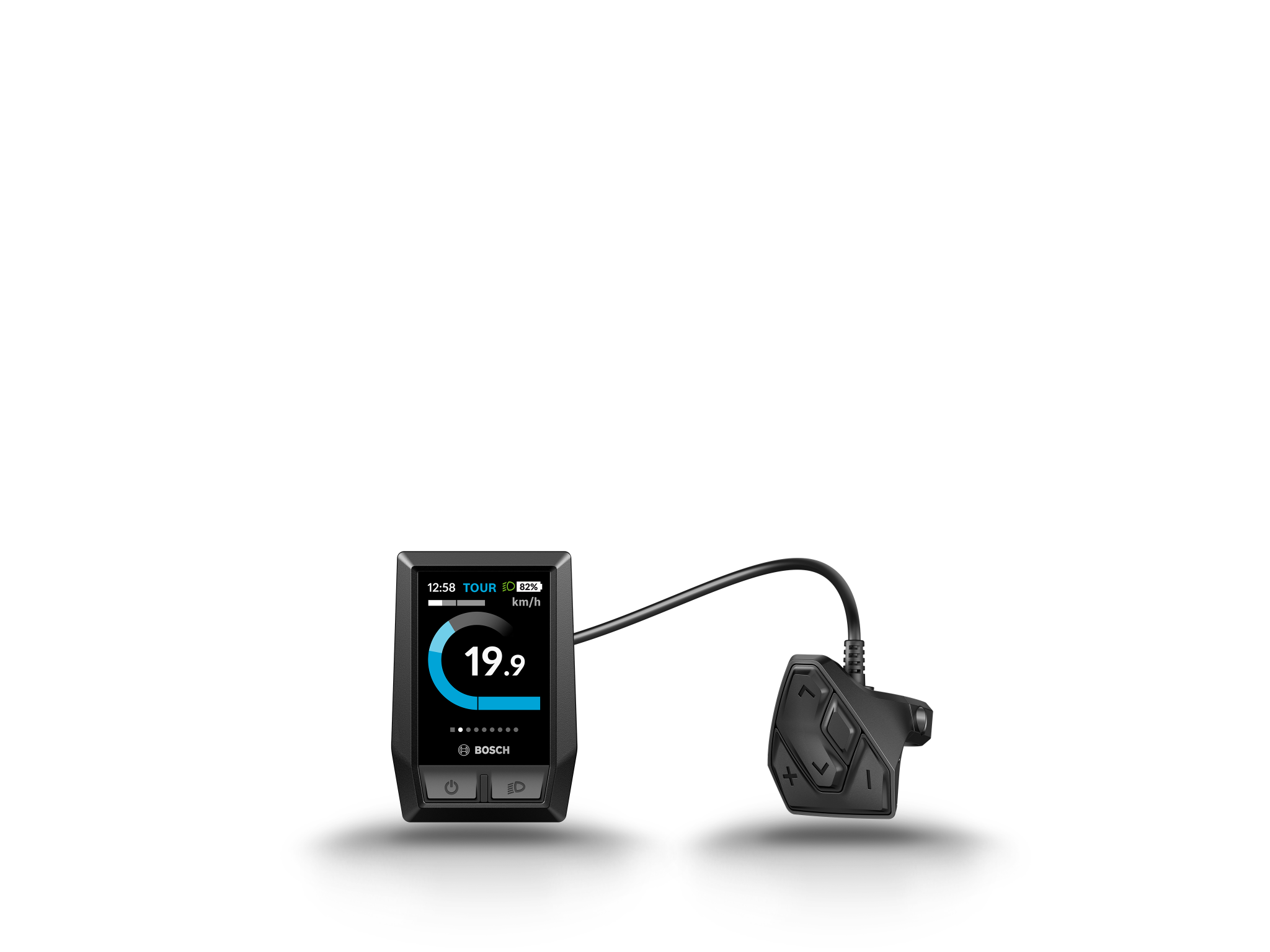 Bosch E-Bike-Display Kiox mit Steuerungseinheit, zeigt Geschwindigkeit und Akkustand, ideal für E-Bike-Nutzer.