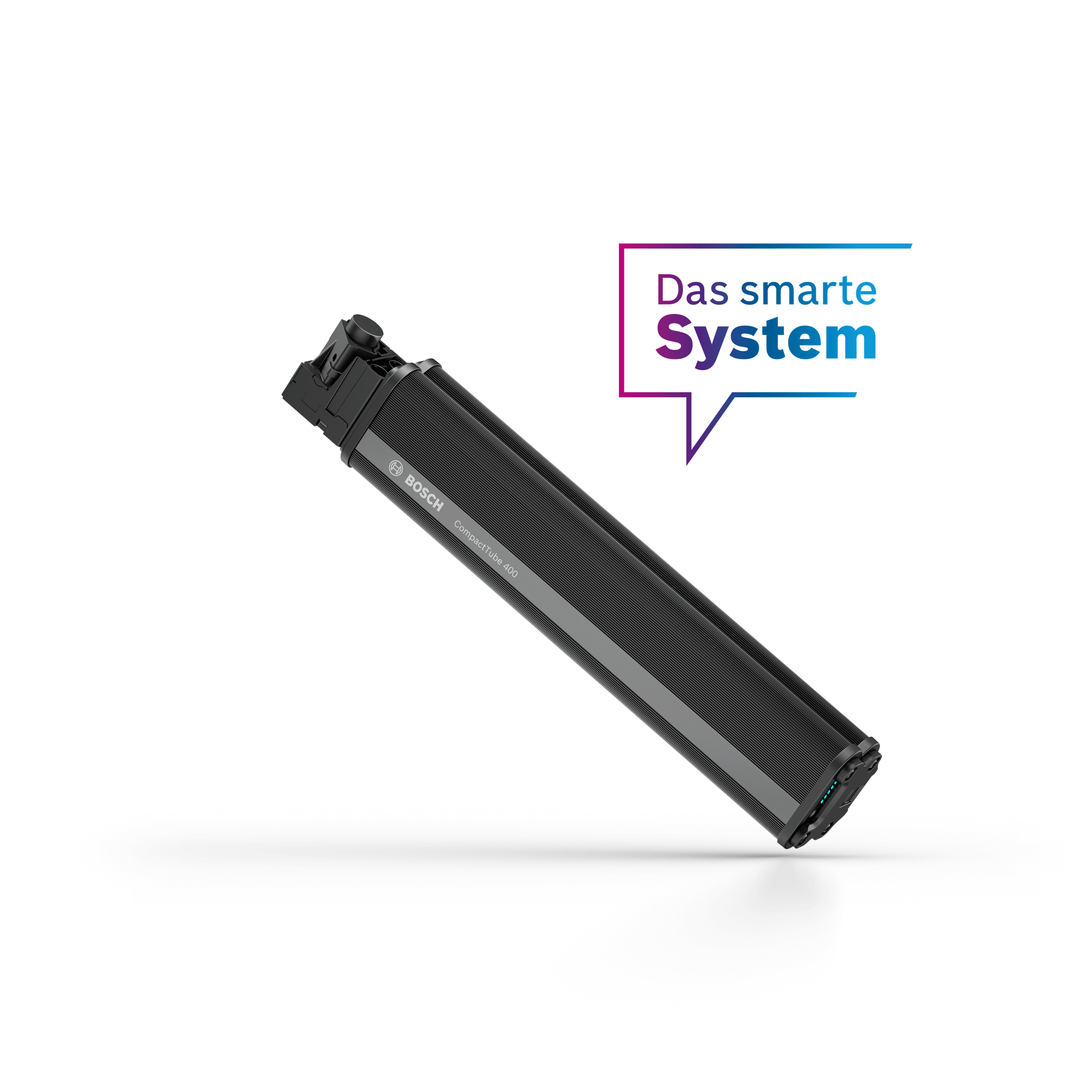 Bosch Akku für E-Bike, CompactTube 400, schwarzes zylinderförmiges Design mit smarter System-Etikette.