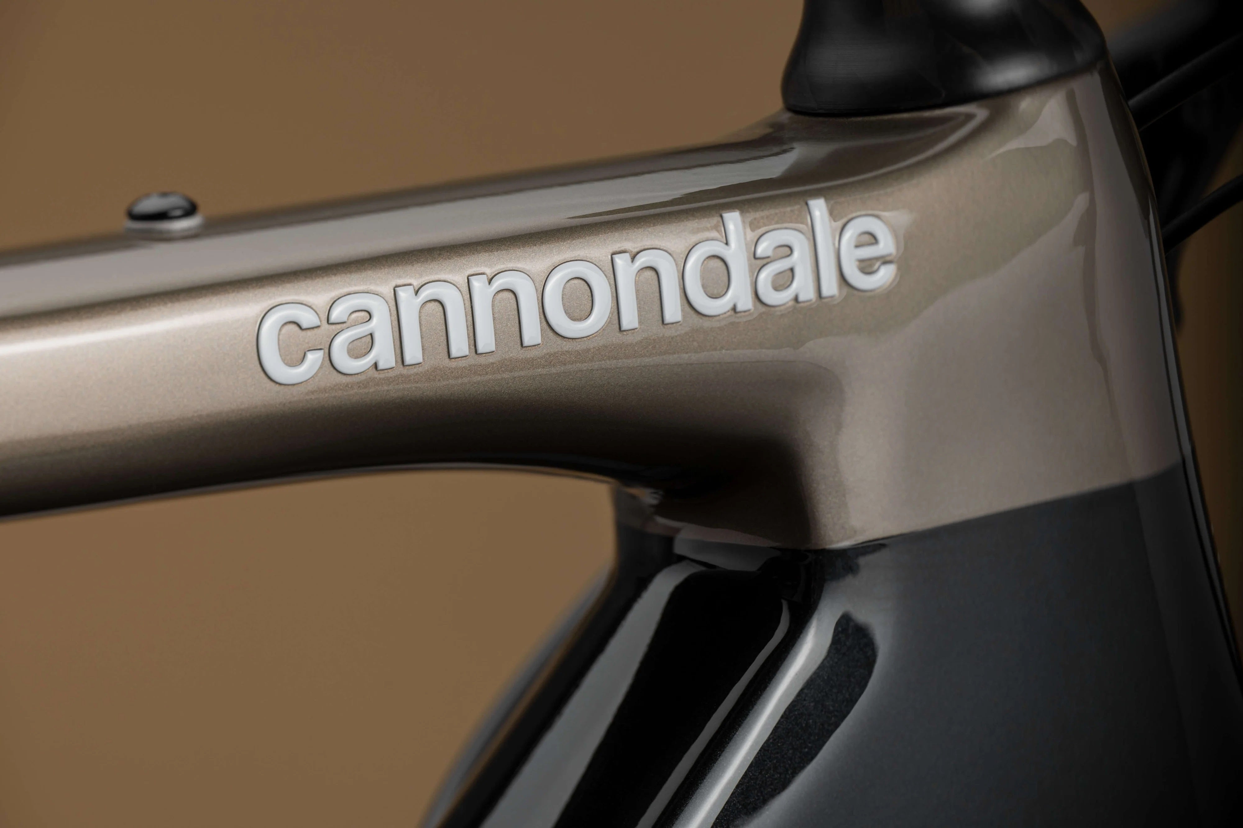 Cannondale Topstone Rahmen, Detailaufnahme des Oberrohrs mit Markenlogo, ideal für Gravelbiker und Outdoor-Enthusiasten.