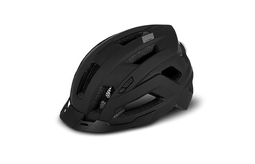 Schwarzer Fahrradhelm für Trekking und City, mit Belüftungsöffnungen und sportlichem Design.