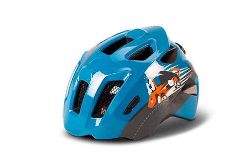 Blauer Kinderhelm mit Rennauto-Design, geeignet für Fahrrad- oder Rollerfahrten.