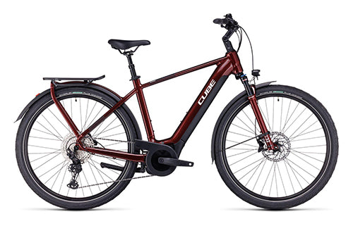 Rotes Cube Touring Hybrid E-Bike mit Gepäckträger und Scheibenbremsen, ideal für Stadt- und Radtouren.