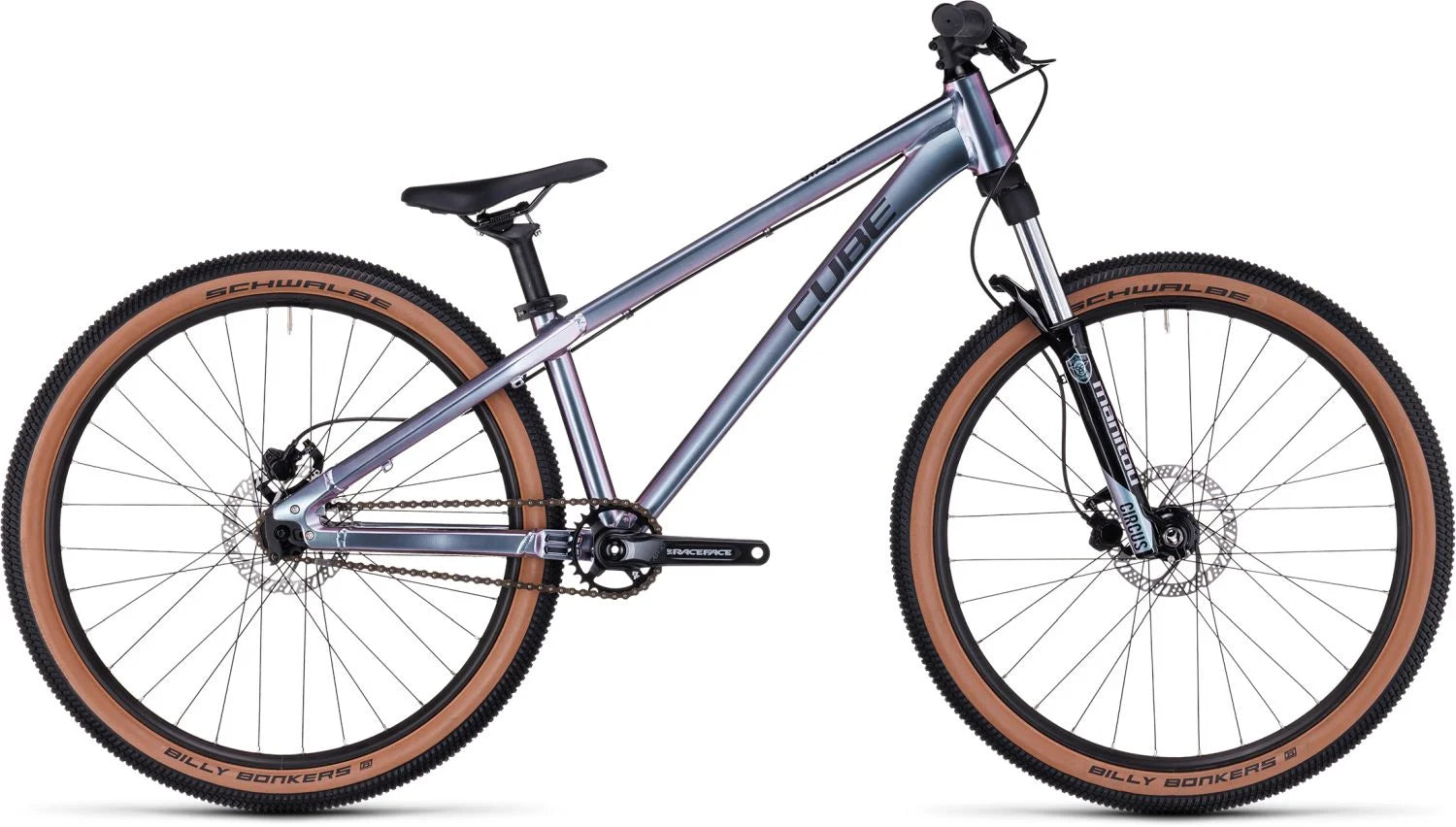 Cube Flying Circus Dirtbike, silbernes Hardtail für Sprünge, robuste Reifen von Schwalbe, geeignet für BMX-Fahrer.