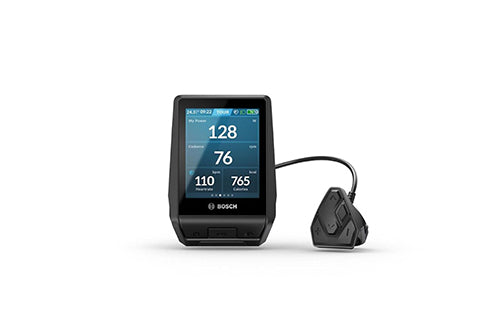 Bosch E-Bike-Display mit Kabel, zeigt Geschwindigkeit, Reichweite und Zeit. Ideal für E-Bike-Nutzer zur Fahrtüberwachung.