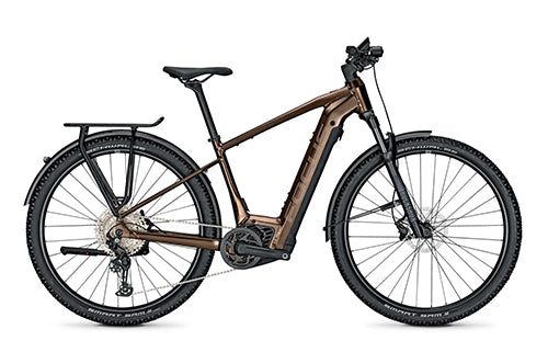 E-Trekkingbike in Bronze, mit robustem Rahmen, Scheibenbremsen, Gepäckträger und Licht, geeignet für Alltags- und Tourenfahrer.