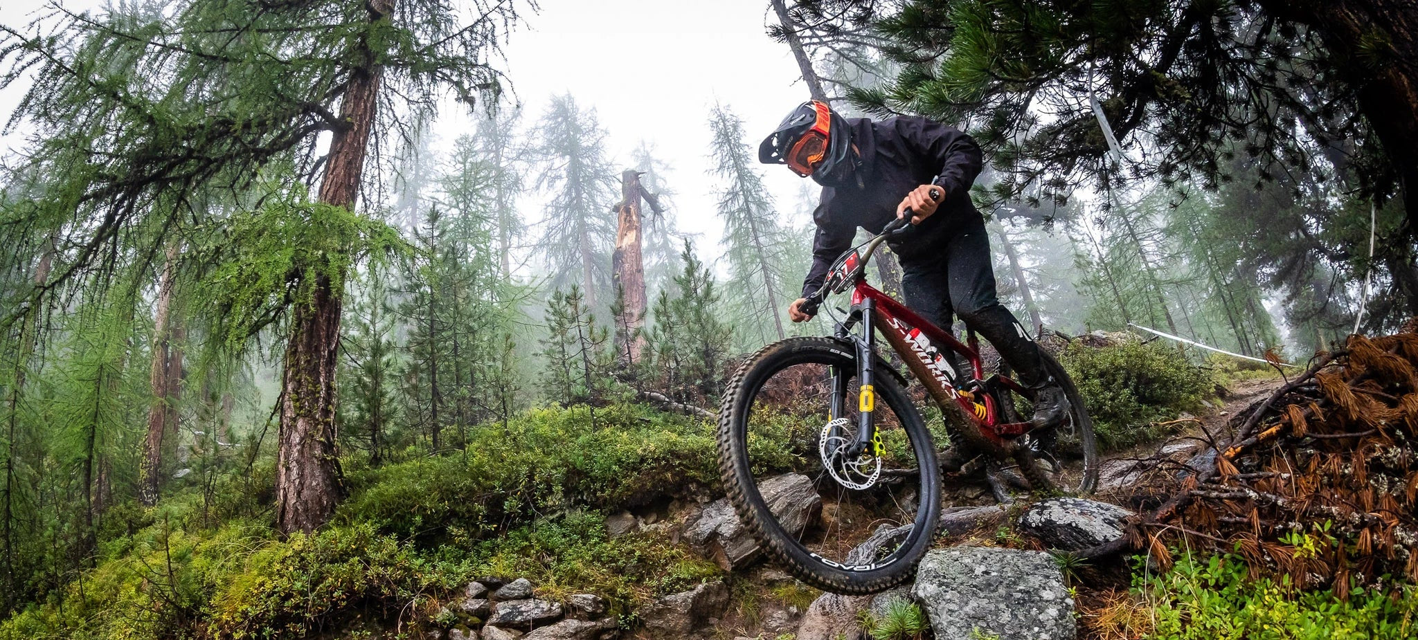 Mountainbiker auf Specialized S-Works fährt im Wald über steinigen Trail. Schlechtwetter-Ausrüstung, sportliche Herausforderung.