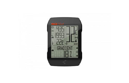 Fahrradcomputer Race Peak mit GPS und Geschwindigkeitsanzeige für Radsportler. Schwarz mit digitalem Display.