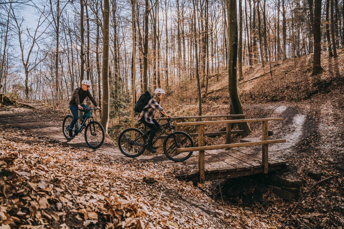 Zwei Personen fahren mit Focus Whistler MTB auf einem Waldweg über eine kleine Brücke im Herbst.