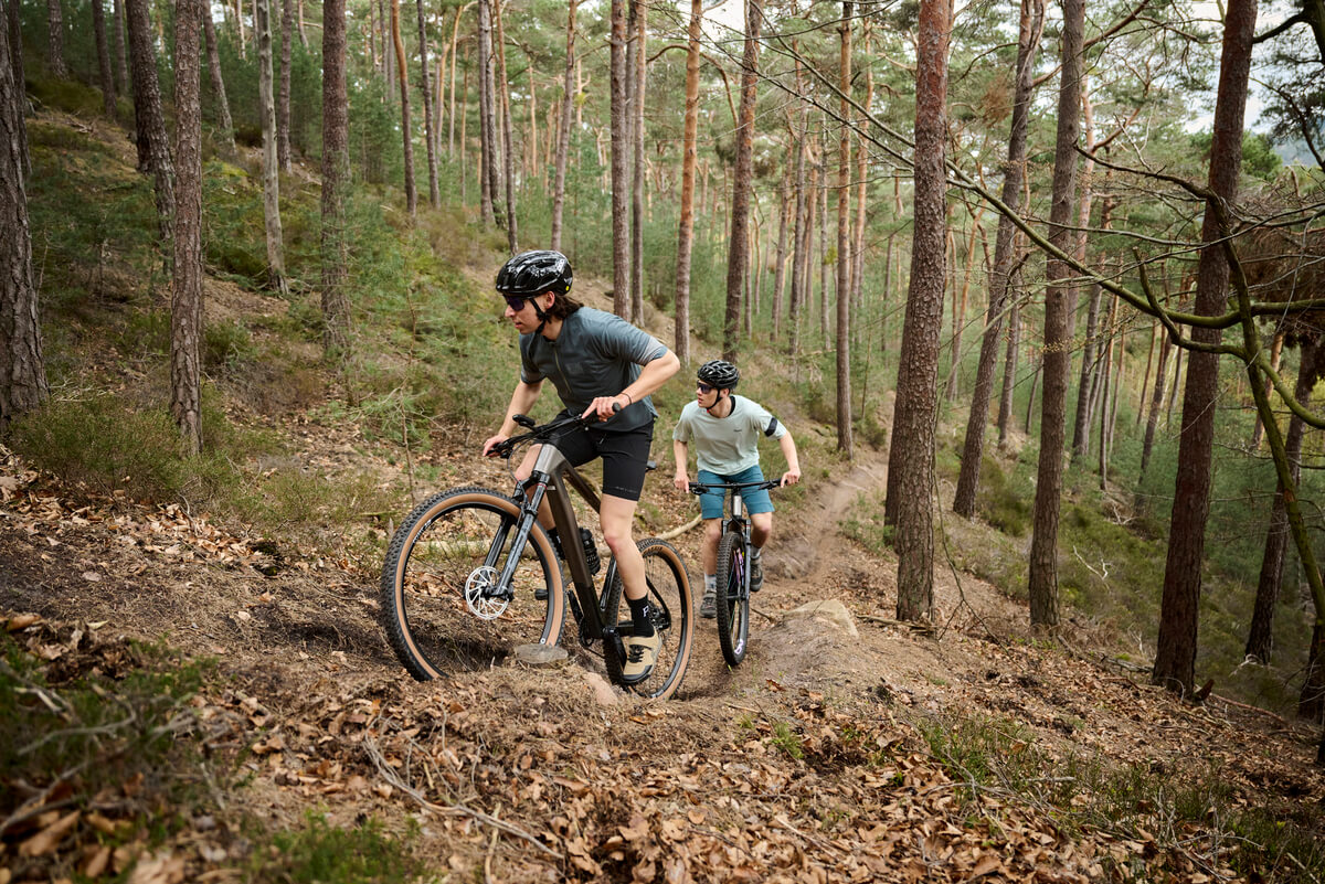Zwei Personen fahren mit Focus Mountainbikes im Wald einen steilen Pfad hinauf.