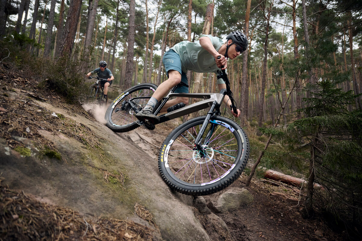 Zwei Mountainbiker fahren Downhill auf einem Trail im Wald mit Focus MTB-Hardtail.
