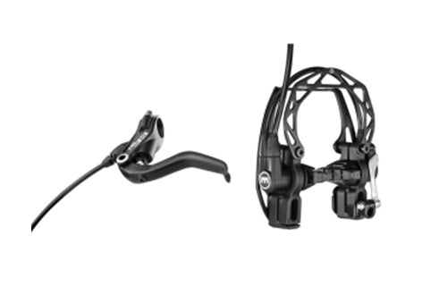 Schwarze Fahrrad-Felgenbremse mit Hebel und Bremssattel, geeignet für Rennräder und Mountainbikes.