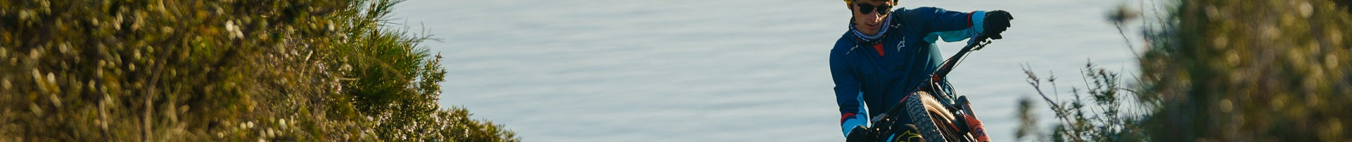 Person auf einem Mountainbike auf schmalem Pfad, umgeben von Sträuchern. Perfekt für sportliche Outdoor-Abenteuer.