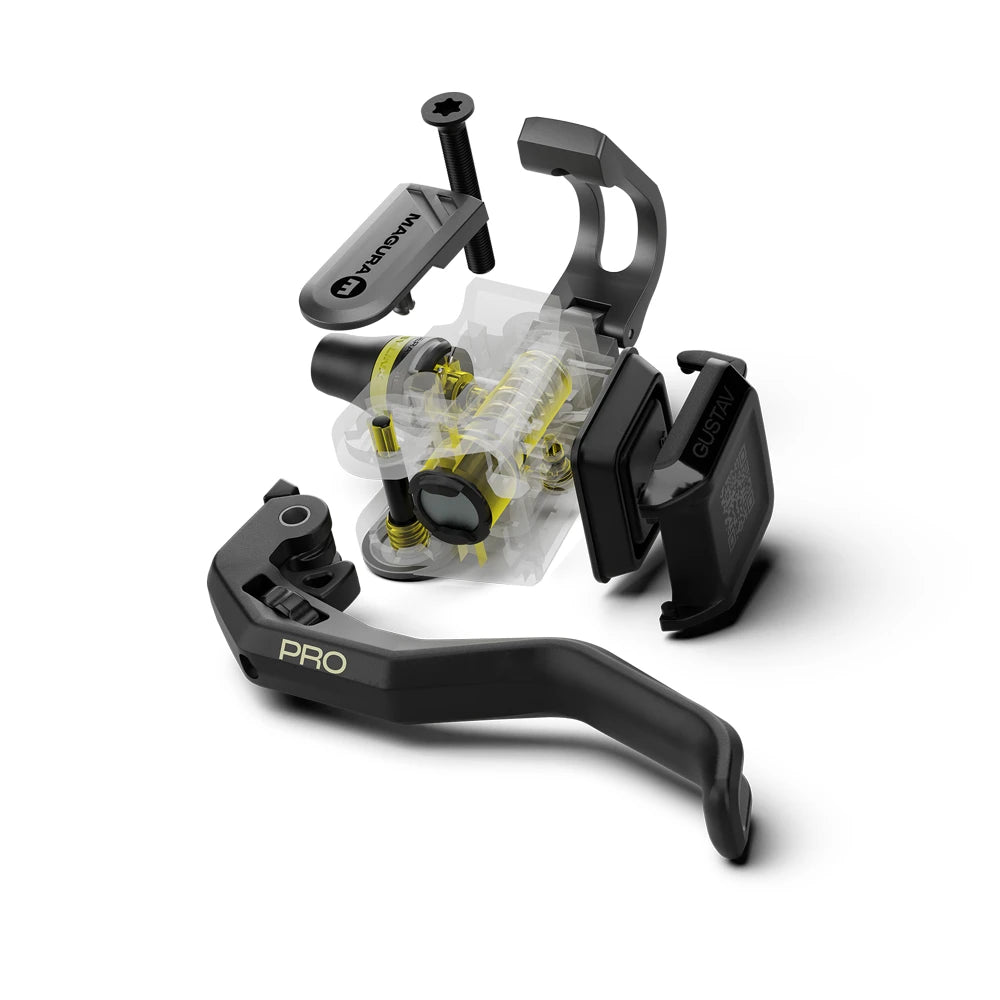 Magura Gustav Pro Fahrradbremsenset in Schwarz mit gelben Details, geeignet für leistungsstarke Mountainbikes.