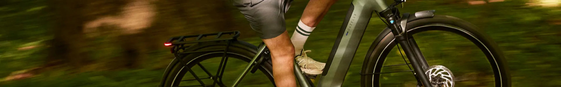 Person fährt auf einem Gazelle E-Bike im Wald, trägt Sneakers und Radtrikot. Ideal für Freizeit und sportliche Fahrten.