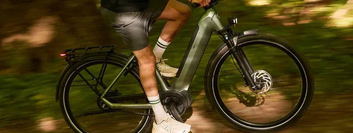 Person fährt ein graues Gazelle E-Bike im Wald, trägt sportliche Kleidung. Markendetails nicht sichtbar.