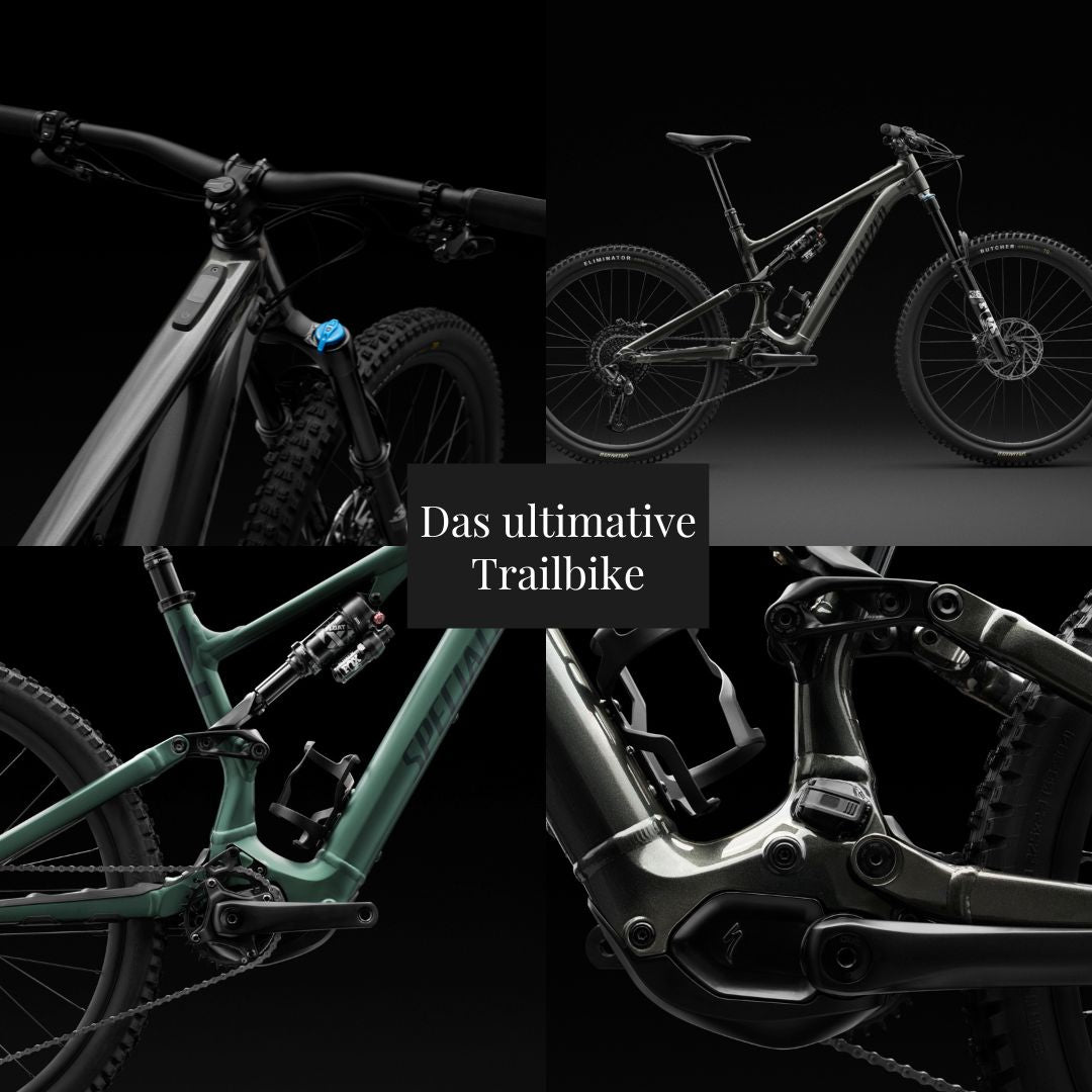 Specialized Turbo Levo SL Trailbike, schwarzer Rahmen, für Mountainbike-Enthusiasten, detaillierte Nahaufnahmen verschiedener Teile.